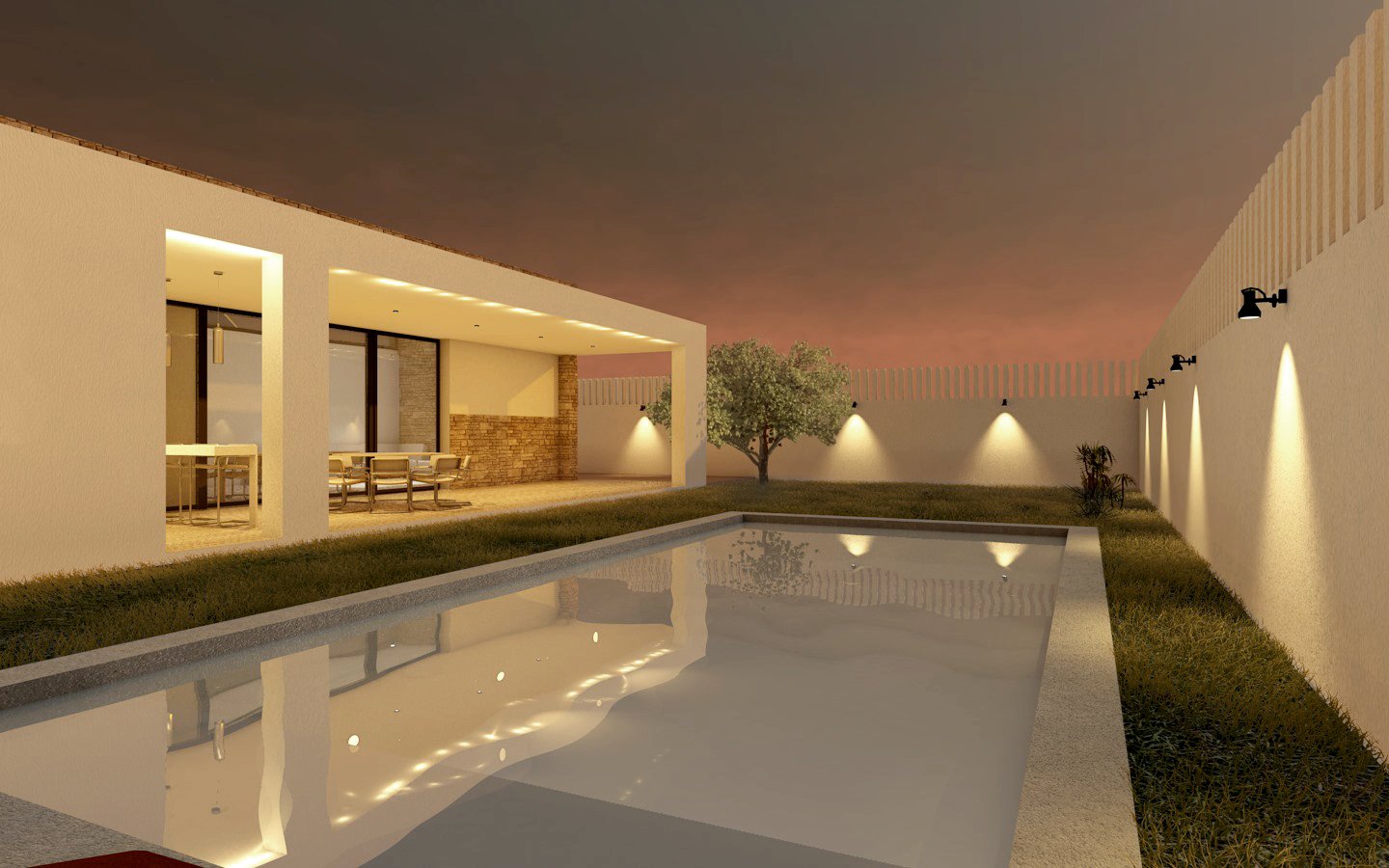 Render vivienda — piscina y jardín nocturnos