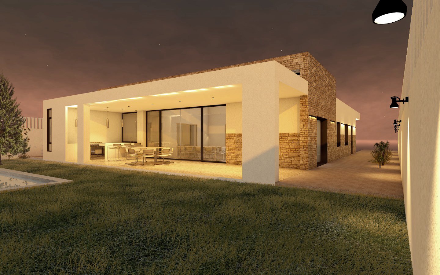Render vivienda unifamiliar — vista nocturna porche